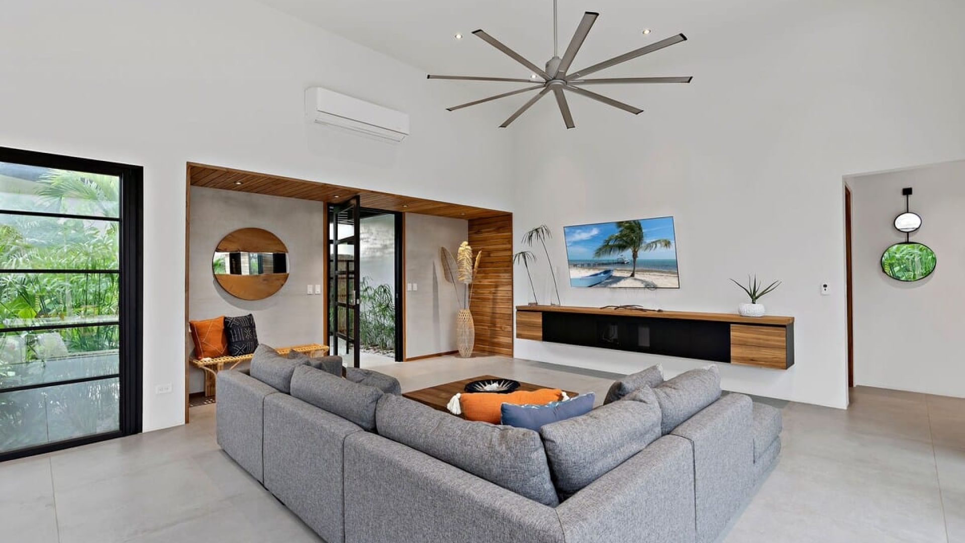 Spacious living room with smart TV